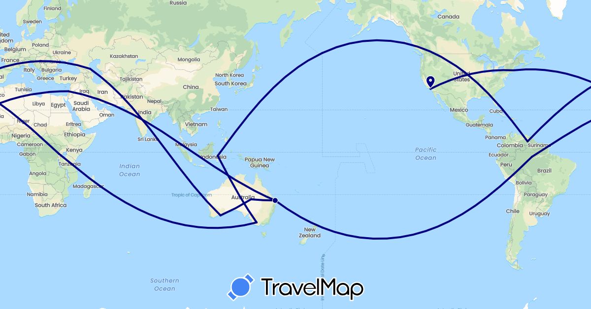 TravelMap itinerary: driving in Australia, Brazil, Indonesia, Israel, Russia, Uganda, United States, Venezuela (Africa, Asia, Europe, North America, Oceania, South America)